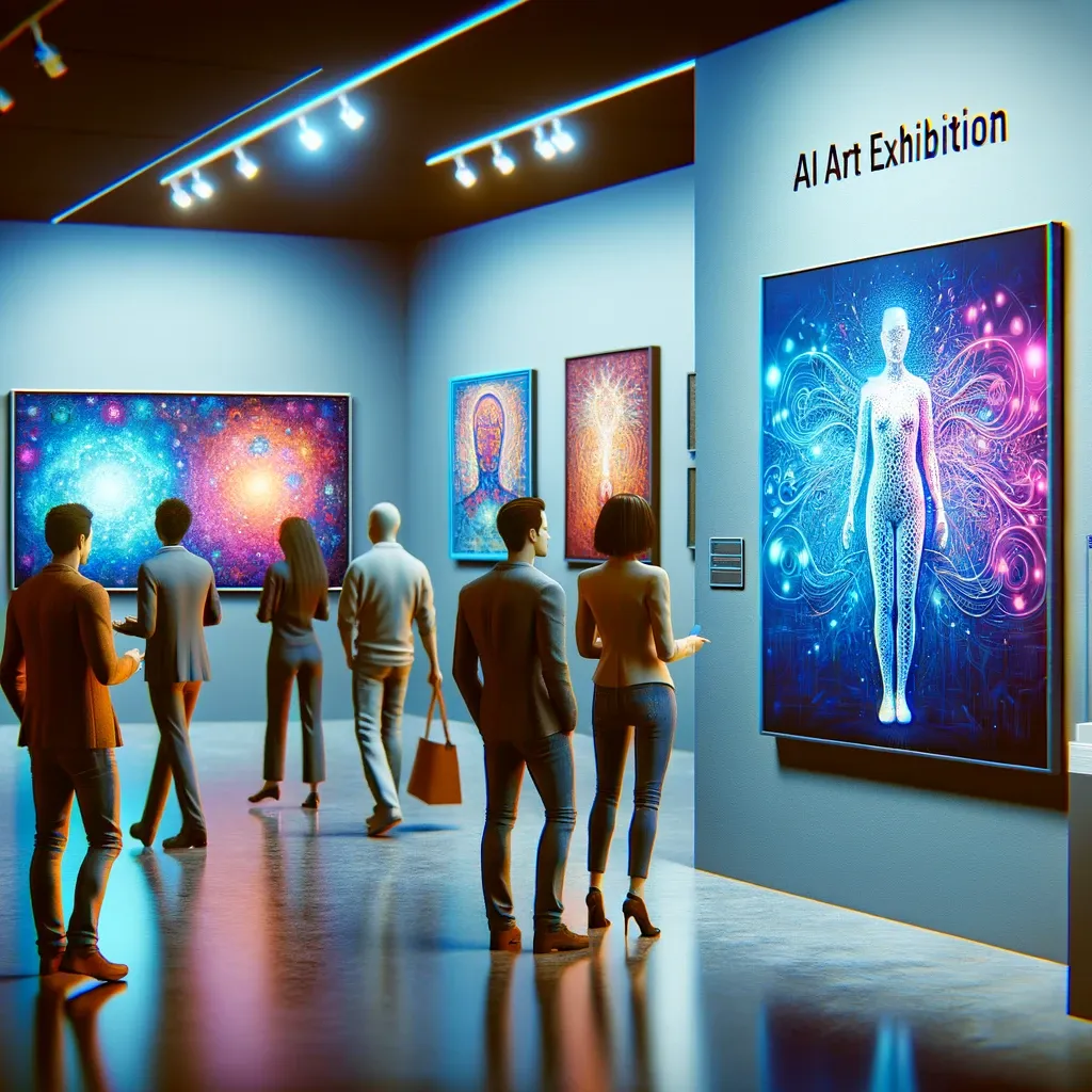 DALL·E 2024 01 19 13.00.00 A realistic scene at an AI art exhibition showcasing various AI generated artworks displayed in a modern gallery setting. The image should capture th