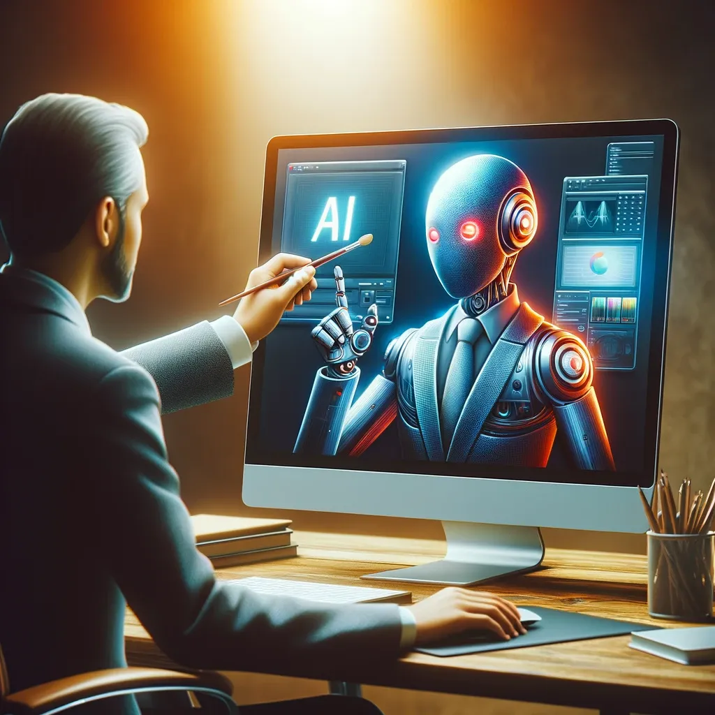 DALL·E 2024 01 19 13.00.09 A realistic depiction of an AI art consultant in a professional setting providing guidance and advice to a client about AI art tools and creation tec
