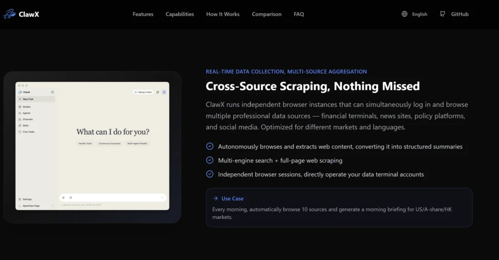 ClawX app cross-source scraping feature showing multi-source data aggregation from financial terminals and news sites