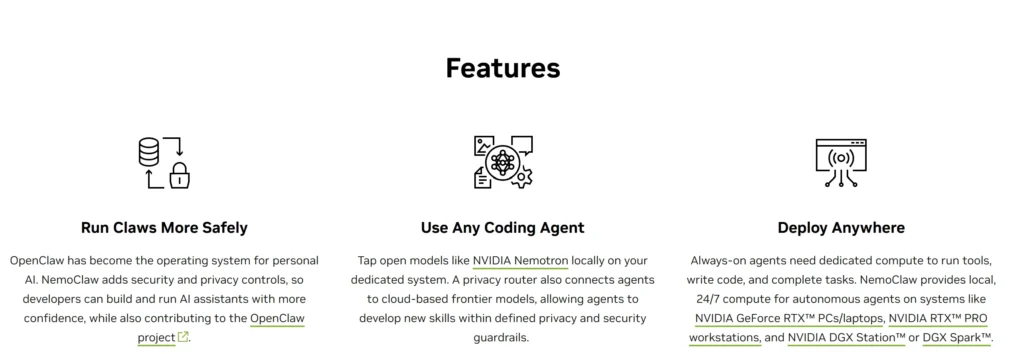 NemoClaw features page showing Run Claws More Safely, Use Any Coding Agent and Deploy Anywhere on NVIDIA GeForce RTX and DGX systems