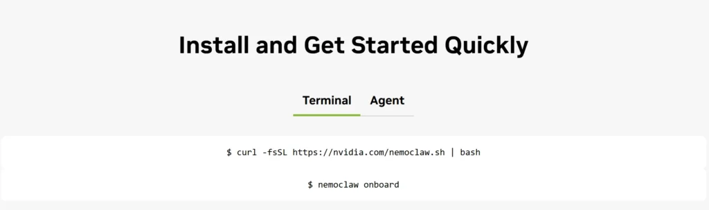 NemoClaw quick install commands showing curl installation script and nemoclaw onboard terminal setup