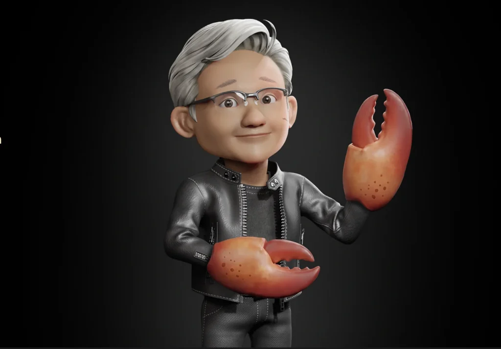 NVIDIA NemoClaw illustration showing Jensen Huang character holding a claw representing the enterprise version of OpenClaw